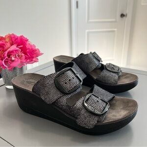 Fantasy Sandals Leather Two Buckle Black and Silver Wedge Sandals